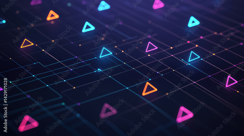 Poster a digital abstract triangles and glowing lines on a dark background, creating a modern, tech-inspire