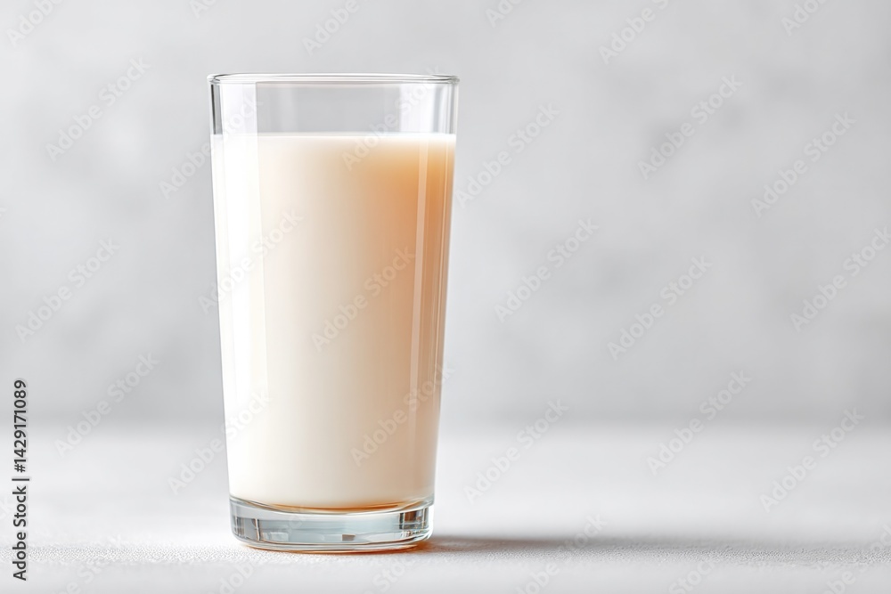 Poster minimalistic image of single glass of milk on white table with ample copy space