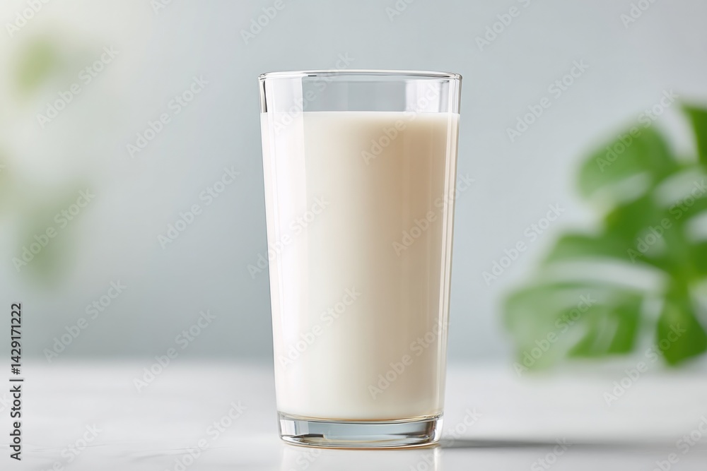 Poster minimalistic image of single glass of milk on white table with ample copy space