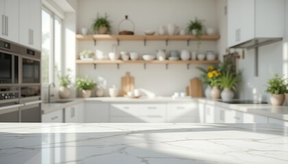 White Marble Countertop in Bright Kitchen with Shelves and Appliances