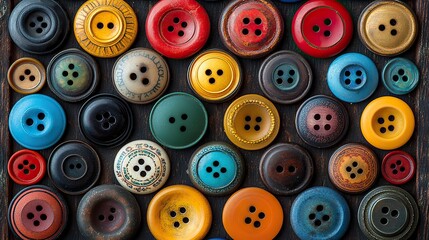Fototapeta premium The vibrant colors of a collection of vintage buttons are arranged in a pattern