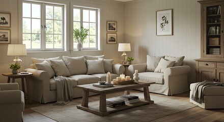 Fototapeta premium Serene Living Room Interior Design Neutral Tones, Natural Light, and Cozy Comfort