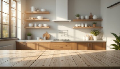 Wood Tabletop Surface with Bright Airy Kitchen Background for Display