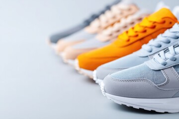 minimalistic image of diverse sports shoes arranged in neat row showcasing different styles and colors