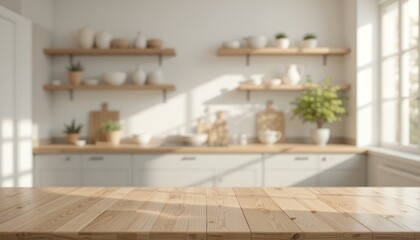 Wooden Table Surface in Bright Kitchen Interior for Product Display