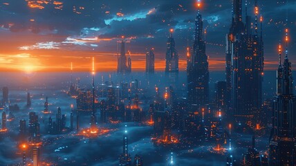 Obraz premium Abstract picture with digital style scenery, high tech building scatter around glow fantasy neon light. Cyberspace scene with technology design construction perfect for futuristic style design. AIG53.