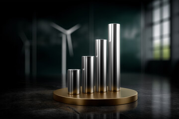 sleek metallic bar graph representing growth and progress, set against blurred background with wind turbines, symbolizes rise in renewable energy and economic development