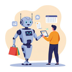 Flat vector illustration of a robot assistant helping a person with everyday tasks, such as shopping and scheduling