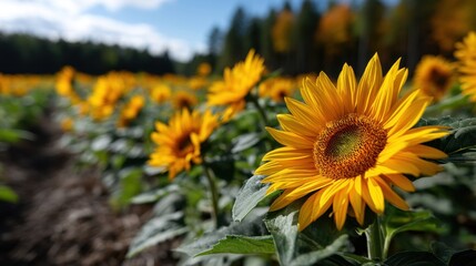Naklejka premium Vibrant Sunflower Field with Bright Yellow Blooms Under a Blue Sky and Forest Background