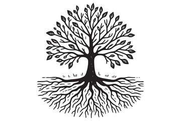 simple Hand drawn tree with roots flat vector illustration linocut