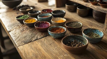 Colorful Spices in Small Bowls on Rustic Wooden Table