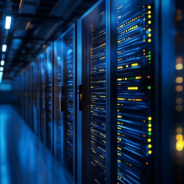 Server racks illuminate a modern data center.
