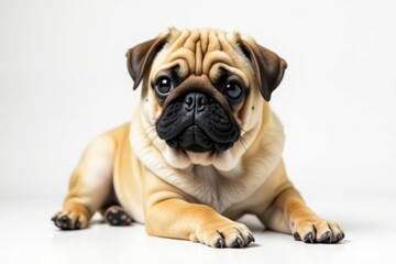 Obraz premium One brown pug rests isolated on plain white backdrop, peaceful, pet, relaxing