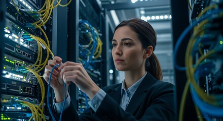 Focused female technician working in a data center, inspecting network cables and connections.