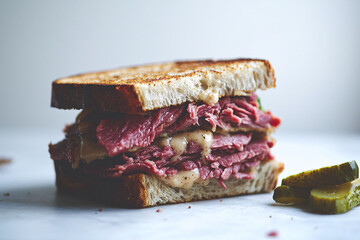 Delectable Pastrami Rye Sandwich Is Main Focus, Showcasing Its Generous Layers Thinly Sliced Pastrami, Creamy Mustard, Toasted Bread. Few Pickle Slices Rest Table Beside Sandwich.