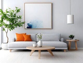 Serene and well appointed modern living space featuring a spacious L shaped sectional couch sleek minimalist coffee table and side tables
