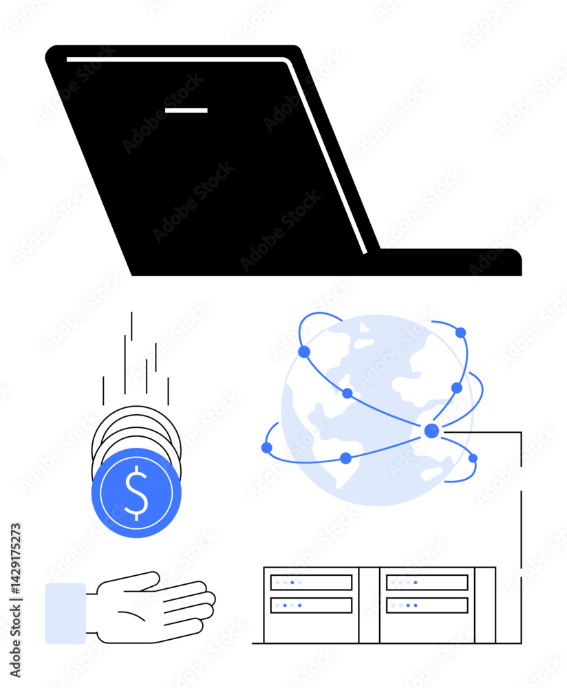 Poster laptop, world map with connected dots, falling coins into an open hand, and server racks. ideal for 