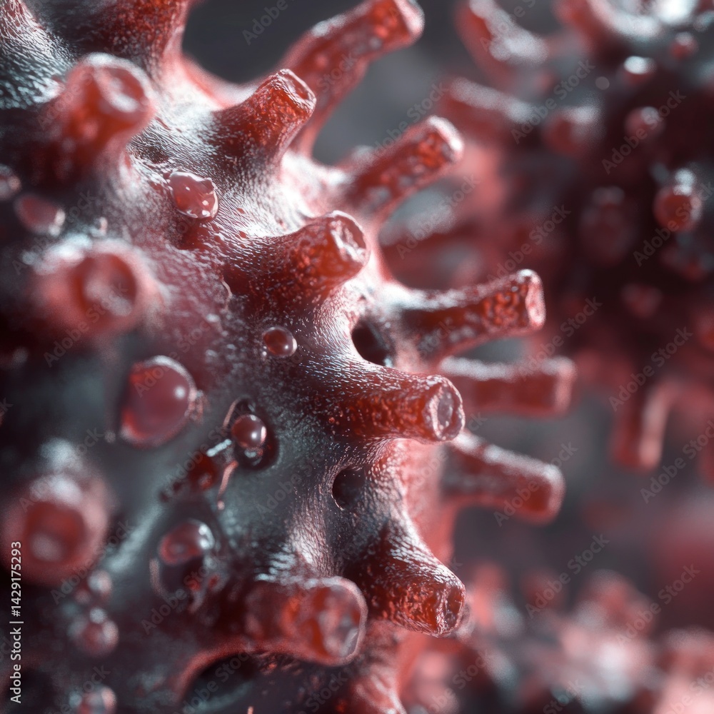 Poster close-up view of virus particles. detailed 3d rendering of complex viral structures