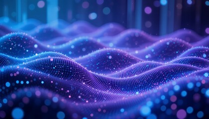Abstract Digital Wavy Surface with Glowing Dots in Blue and Purple