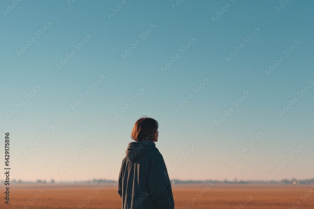 Poster minimalistic portrait of person in rural setting with blurred countryside background for clean image