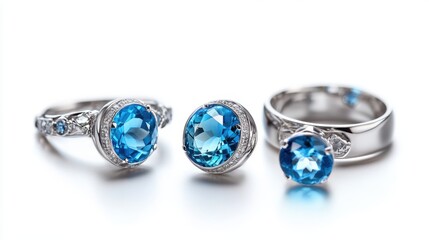 Stylish silver jewelry set featuring blue topaz stones on earrings, necklace, and ring, isolate on white background