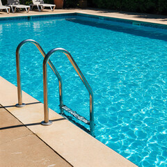 Metal grab bars inviting for refreshing swim in clear blue water of home pool during summer vacation.