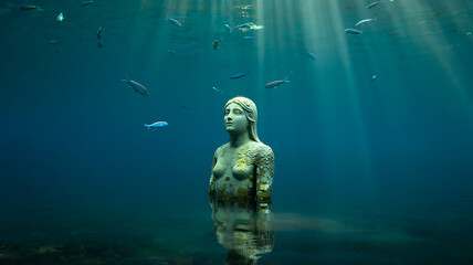 Fototapeta premium Submerged Statue, Sunbeams, and Fish
