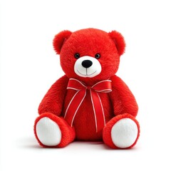 Red teddy bear with bow sitting on white background