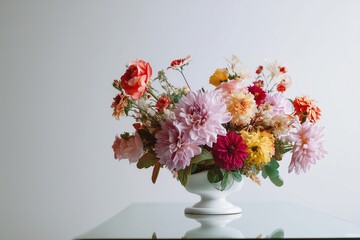 Obraz premium Colorful floral arrangement in a white vase showcasing vibrant blooms and greenery with copy space for text or design elements
