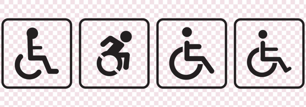 Disabled sign icon. Human on wheelchair symbol. Handicapped invalid sign. Circle buttons with long shadow. 4 icons set. Vector.