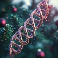 Christmas Theme Double Exposure of DNA Strand Blended with Holiday Decorations for Festive Scientific Imagery