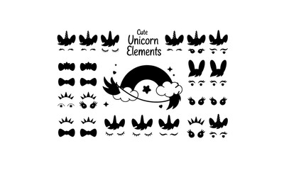 Cute unicorn creator kit, childish magical elements, flat vector illustration isolated on white background.