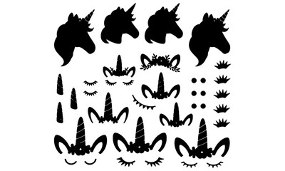 Obraz premium Unicorn elements flat vector illustrations set. Girly, childish stickers isolated pack. Magical horse with horn and stripy multicolor hair constructor kit. Eyelashes, ears, flowers, stars