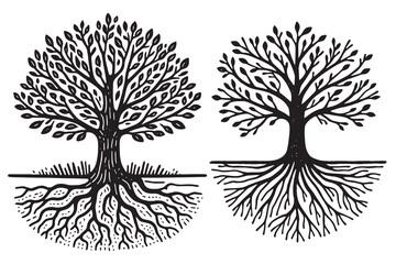 simple Hand drawn tree with roots flat vector illustration linocut