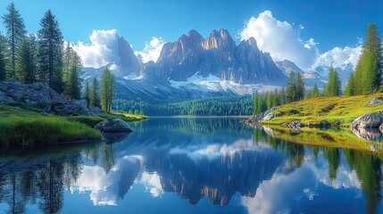 Fototapeta premium Towering mountain peaks are reflected in a still lake