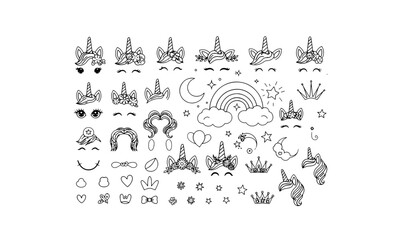 Set of unicorn creation kit. Collection of a magic unicorn constructor horn, eyes, ear, hairs for birthday party. Funny fairytale animal. Vector illustration of cartoon face pony. Drawing for girls.