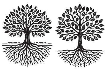 simple Hand drawn tree with roots flat vector illustration linocut