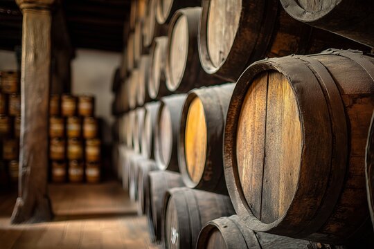  Whisky Festival. Wooden barrels stacked in a rustic cellar showcasing craftsmanship and aging process of spirits with vintage appeal concept