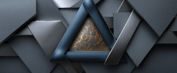 abstract composition featuring dark blue triangle surrounded by layered metallic textures and surfaces, evoking sense of depth and modernity. interplay of materials creates striking visual impact