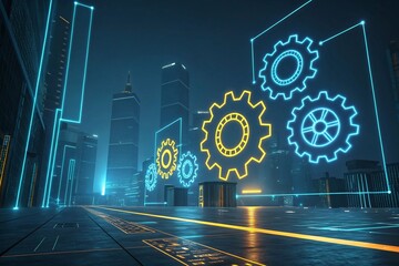 Fototapeta premium Futuristic Cityscape with Neon Gears Symbolizing Urban Technology and Innovation