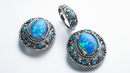 Luxurious silver jewelry set with opal gemstones on earrings, necklace, and matching ring, isolate on white background