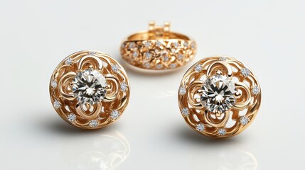 Classic gold jewelry set featuring a delicate diamond pendant, matching earrings, and a ring, isolate on white background