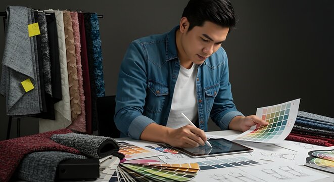 A designer reviews color swatches and sketches on a tablet while planning an interior design project.