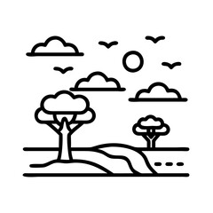 Outline landscape with trees clouds sun and birds nature scene vector illustration graphic design