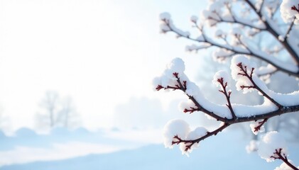 Snow covered branches on a bright white background , cold, serene, snowy