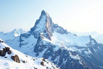Obraz premium Snow-covered mountain peak against bright white sky, image, untouched