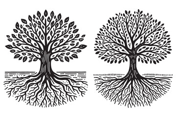 simple Hand drawn tree with roots flat vector illustration linocut