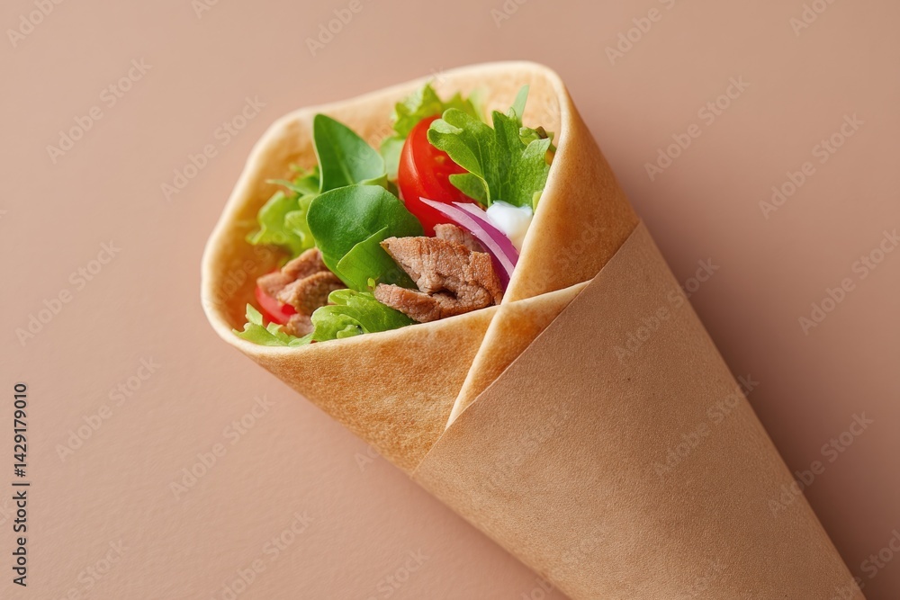 Poster minimalistic top-down view of artfully arranged shawarma with ample copy space