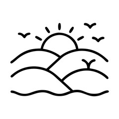 Sunrise landscape with birds, hills, and water vector illustration, nature outline drawing design