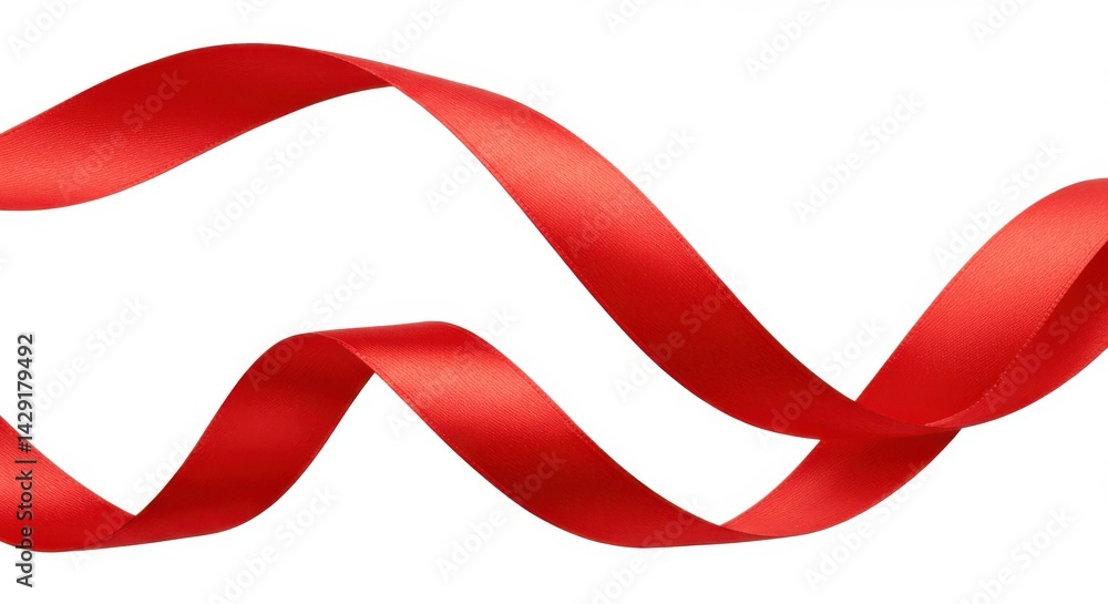 Poster a close up of a wavy bright red ribbon against a plain white background in a studio setting